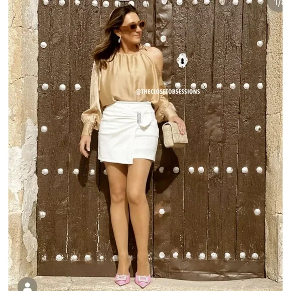 ZARA High-Waisted Oyster White Mini Skirt NWT Pearl Buckle M - Picture 14 of 16